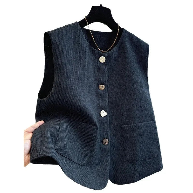 Women's French style round neck sleeveless vest in black polyester bandage design