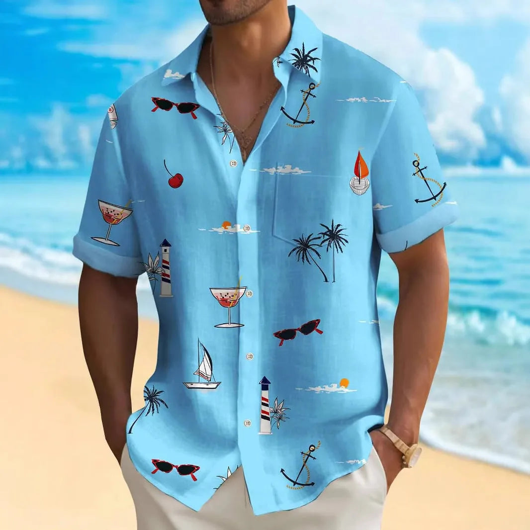 Men's loose fit Hawaiian shirt with digital printed pattern in multiple colour options