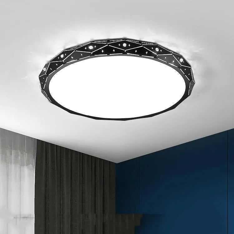 Round LED ceiling light with black iron frame and dimmable lighting options
