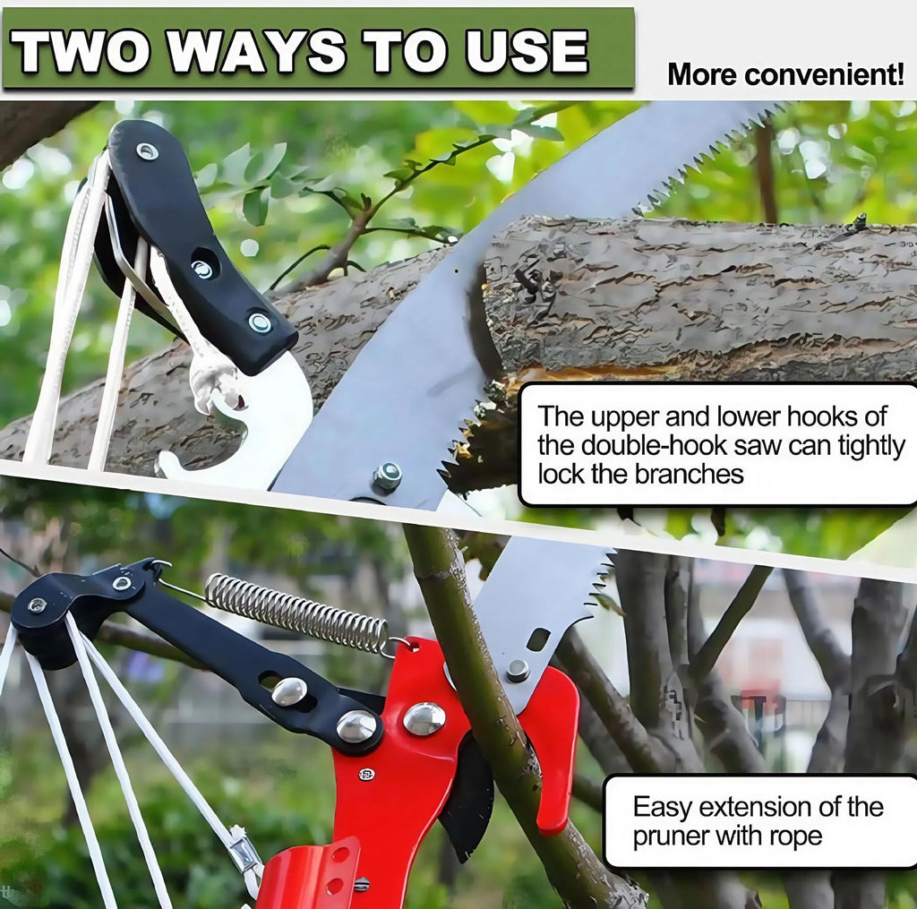 Pull rope pruning shears with 8-section 3.3m metal pole for high branch cutting