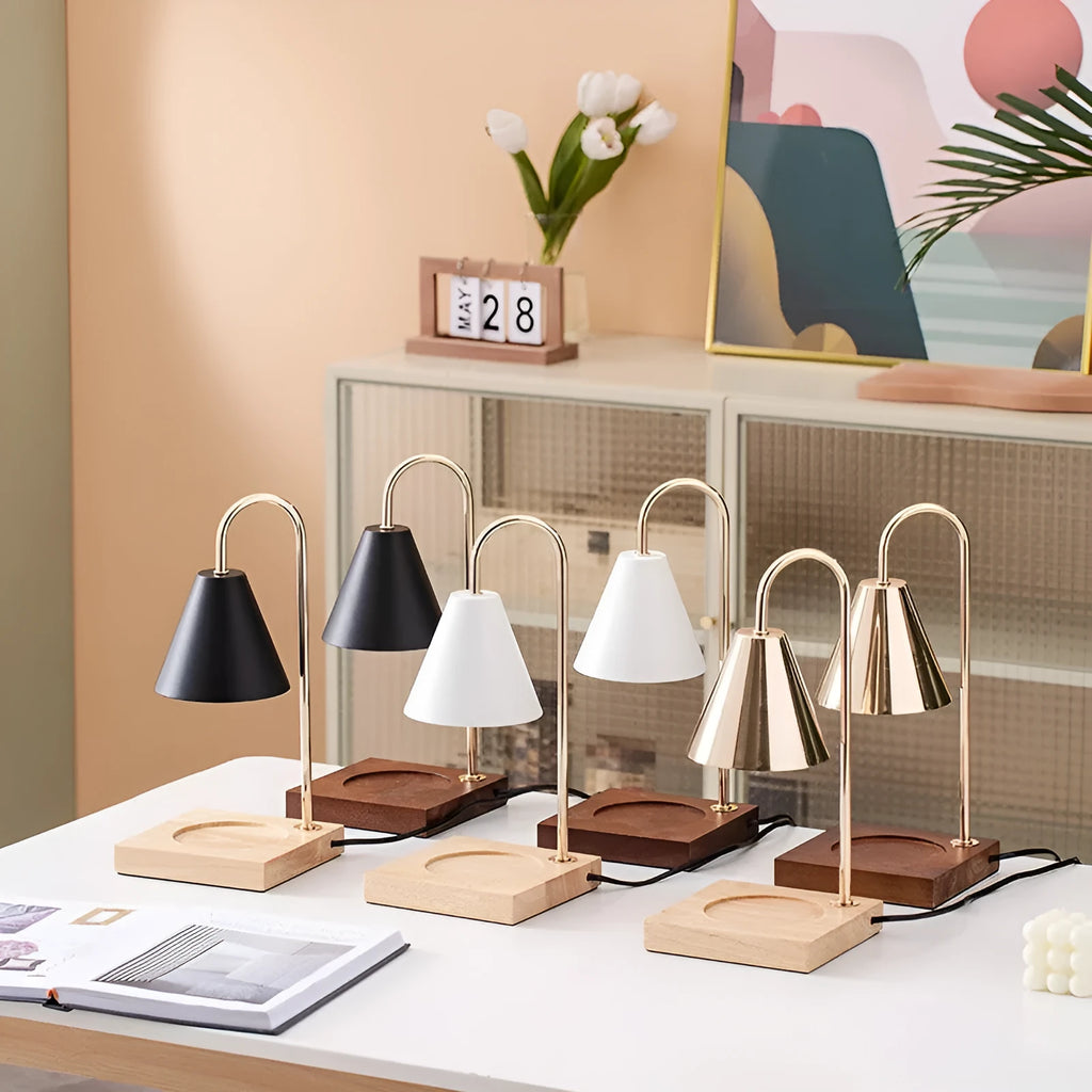 Aromatherapy wax melting lamp with oak or walnut base and white, black, or gold lampshade, dimming switch and two bulbs