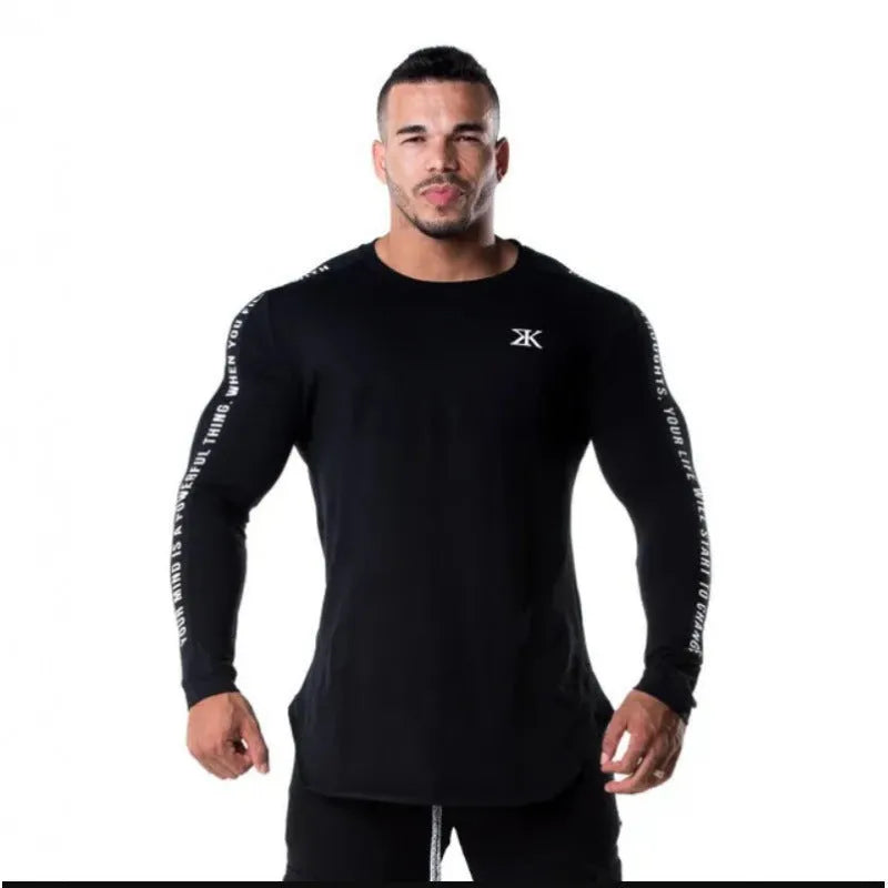 Men's round neck long sleeve fitness top in milk silk fabric with letter print, black colour, slim fit