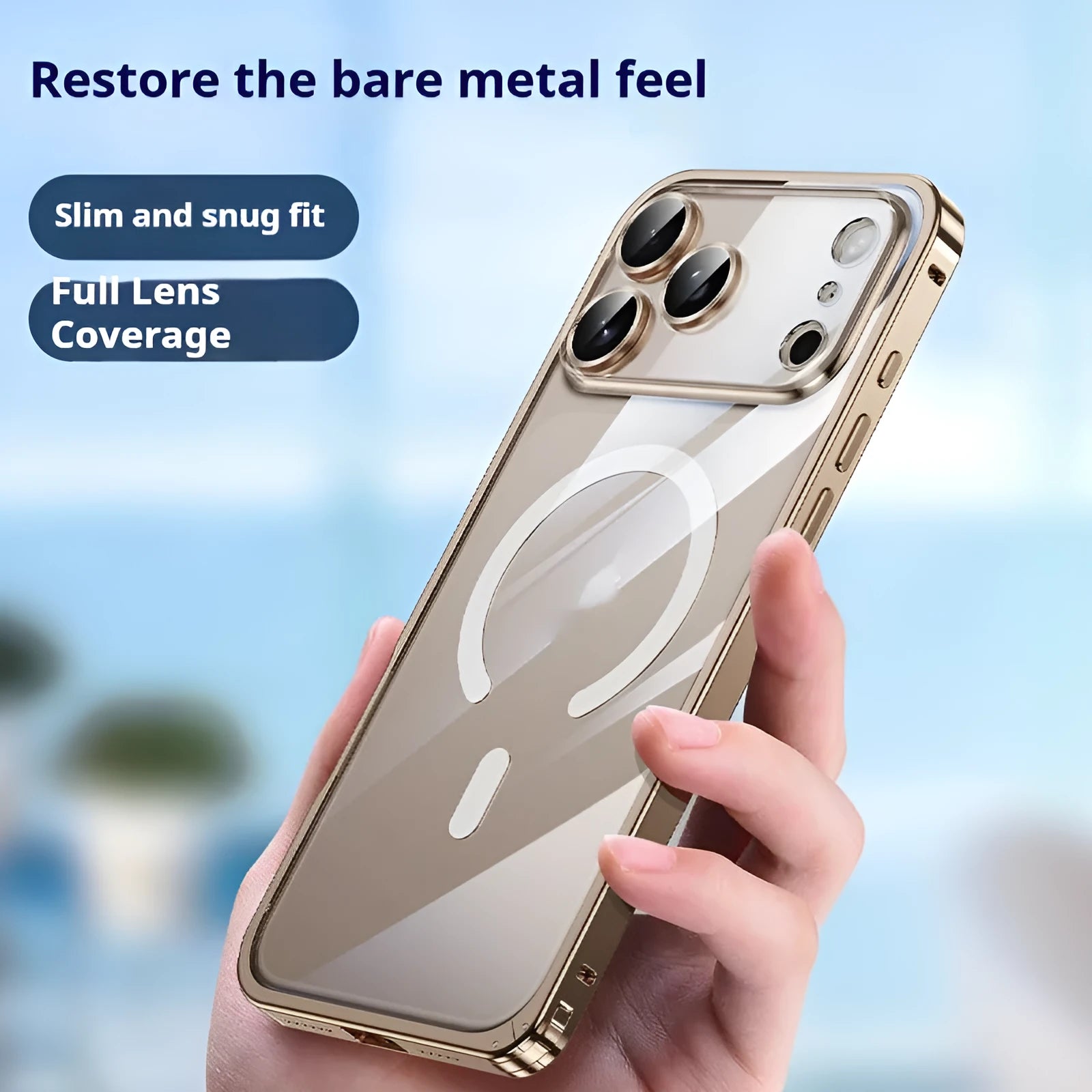 Metal frame phone case for iPhone 17 with magnetic suction and transparent back in Titanium Gray