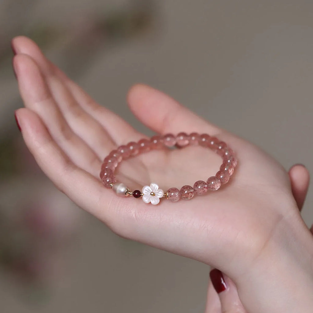 Strawberry quartz peach blossom bracelet with crystal flowers on adjustable silver chain