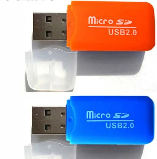Mini USB card reader with integrated microSD (TF) card adapter for data transfer.