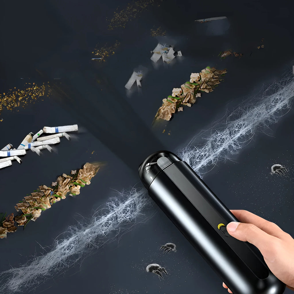 Baseus wireless handheld car vacuum cleaner in black, showing mini size and nozzle attachments.