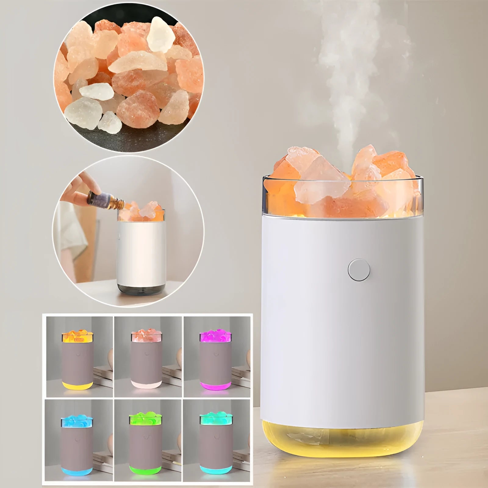 Ultrasonic aromatherapy diffuser humidifier with natural crystal salt stone and LED lamp in blue, showing mist and light