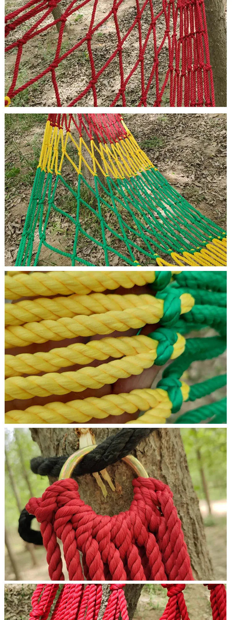 Nylon rope mesh hammock suspended outdoors showing 1.1m width and open construction
