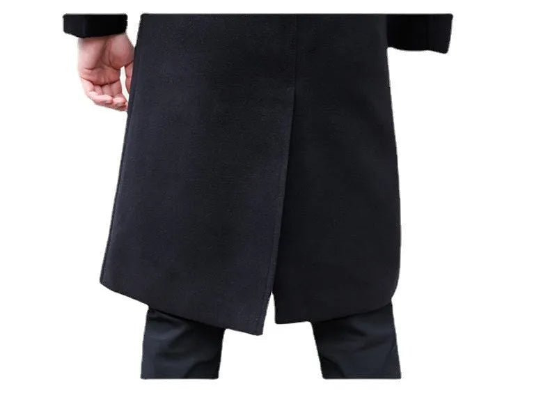 Men's black slim-fit medium-length polyester blend wool coat with pleated patch pockets