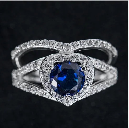 Heart-shaped diamond ring with 18k platinum plated alloy band, 12g, sizes 6-10, blue or white stone