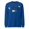 Blue men's loose fit casual pullover sweater with printed design, round neckline.
