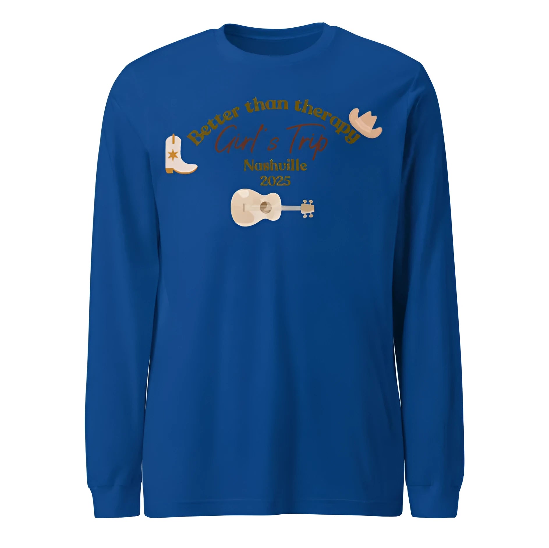 Blue men's loose fit casual pullover sweater with printed design, round neckline.