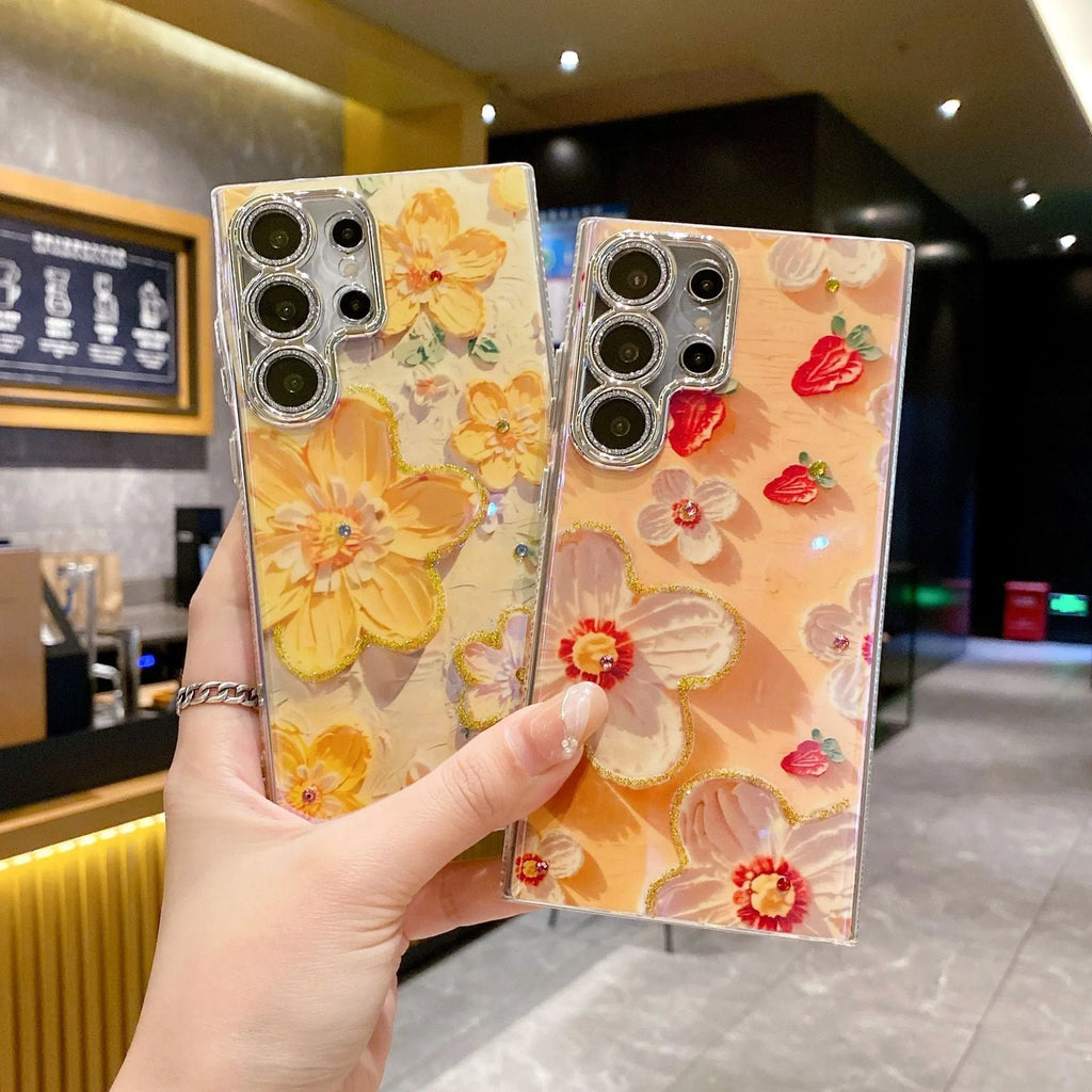 Rhinestone oil painting flower phone case for Samsung, TPU acrylic, electroplated, anti-fall, lens fine hole