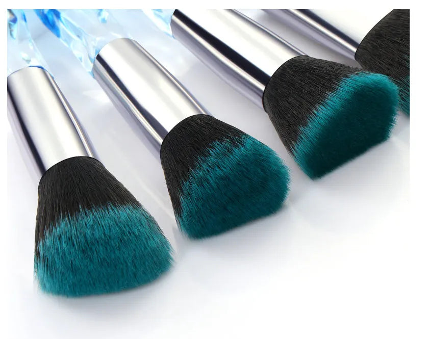 Set of 10 clear crystal foundation brushes with coloured handles.
