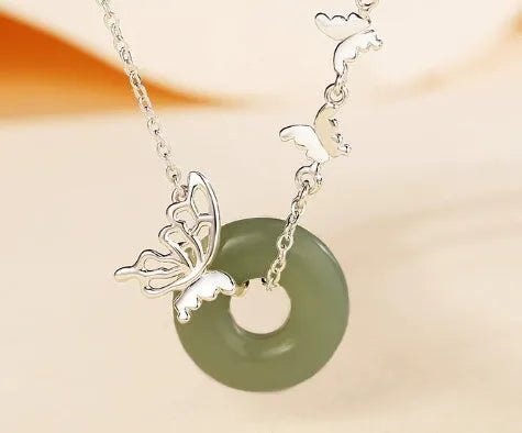 925 silver butterfly necklace with inlaid jade peace buckle on a chain, with matching bracelet