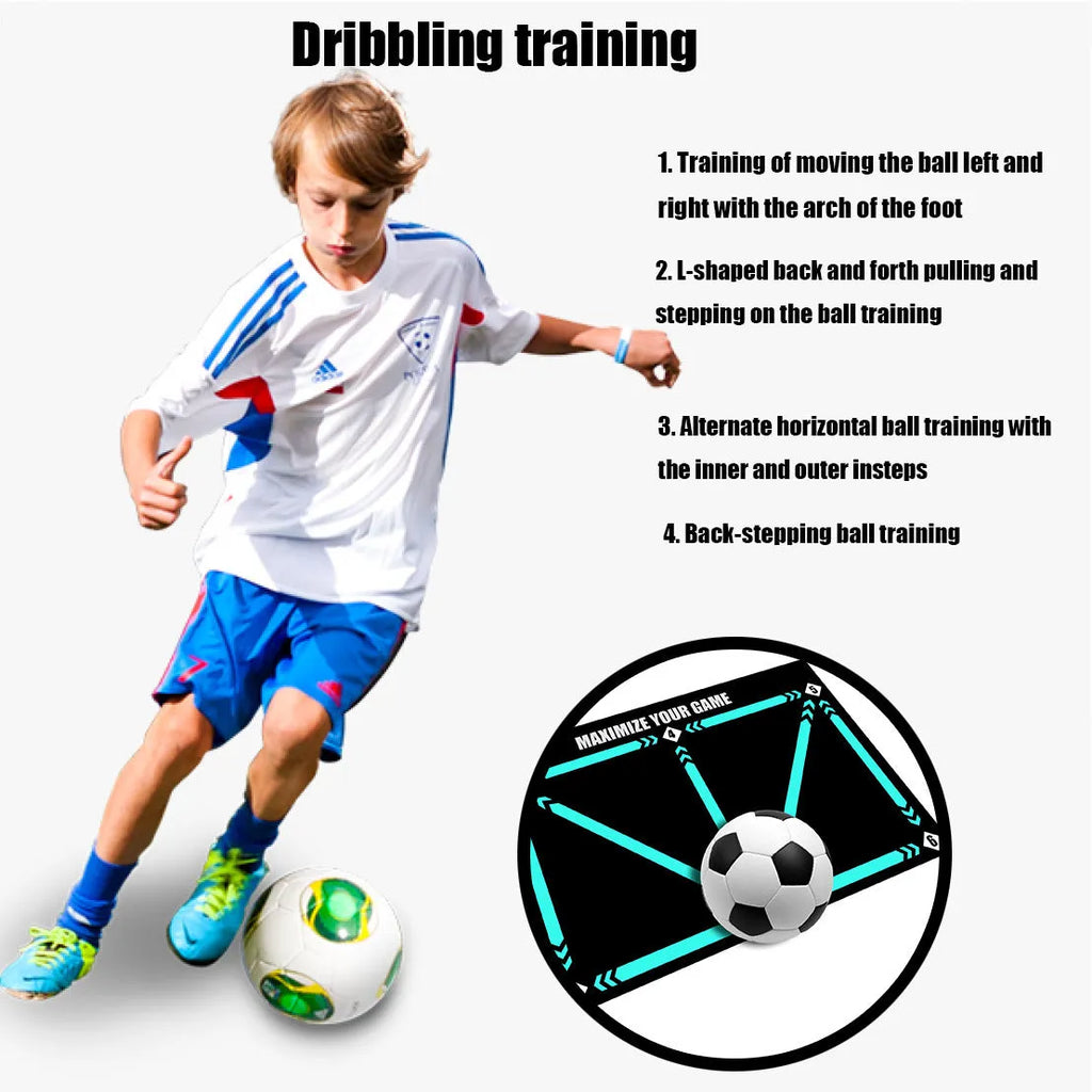 Black non-slip football training mat measuring 60 by 90 centimetres.