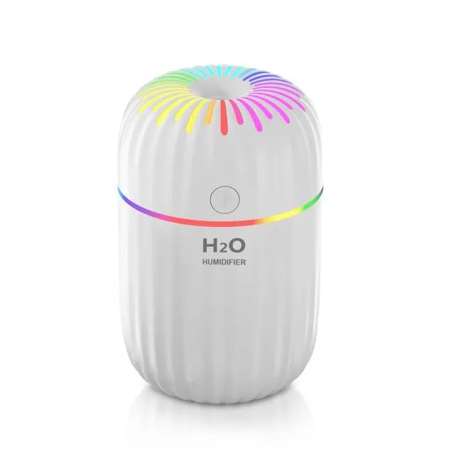 Compact white USB desk humidifier with 300ml water tank measuring 75x75x116mm