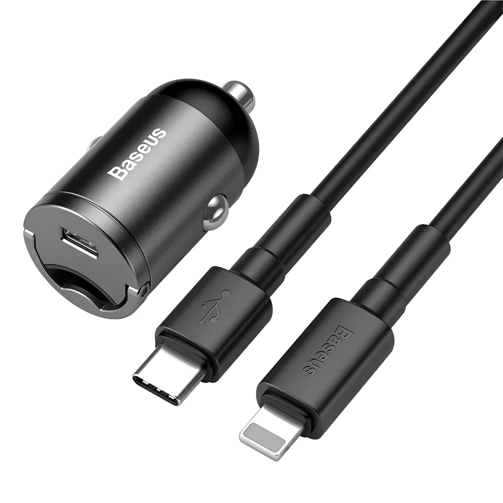 Baseus electro-optical grey single-port 30W USB car charger with 1 metre attached cable.