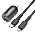 Baseus electro-optical grey single-port 30W USB car charger with 1 metre attached cable.