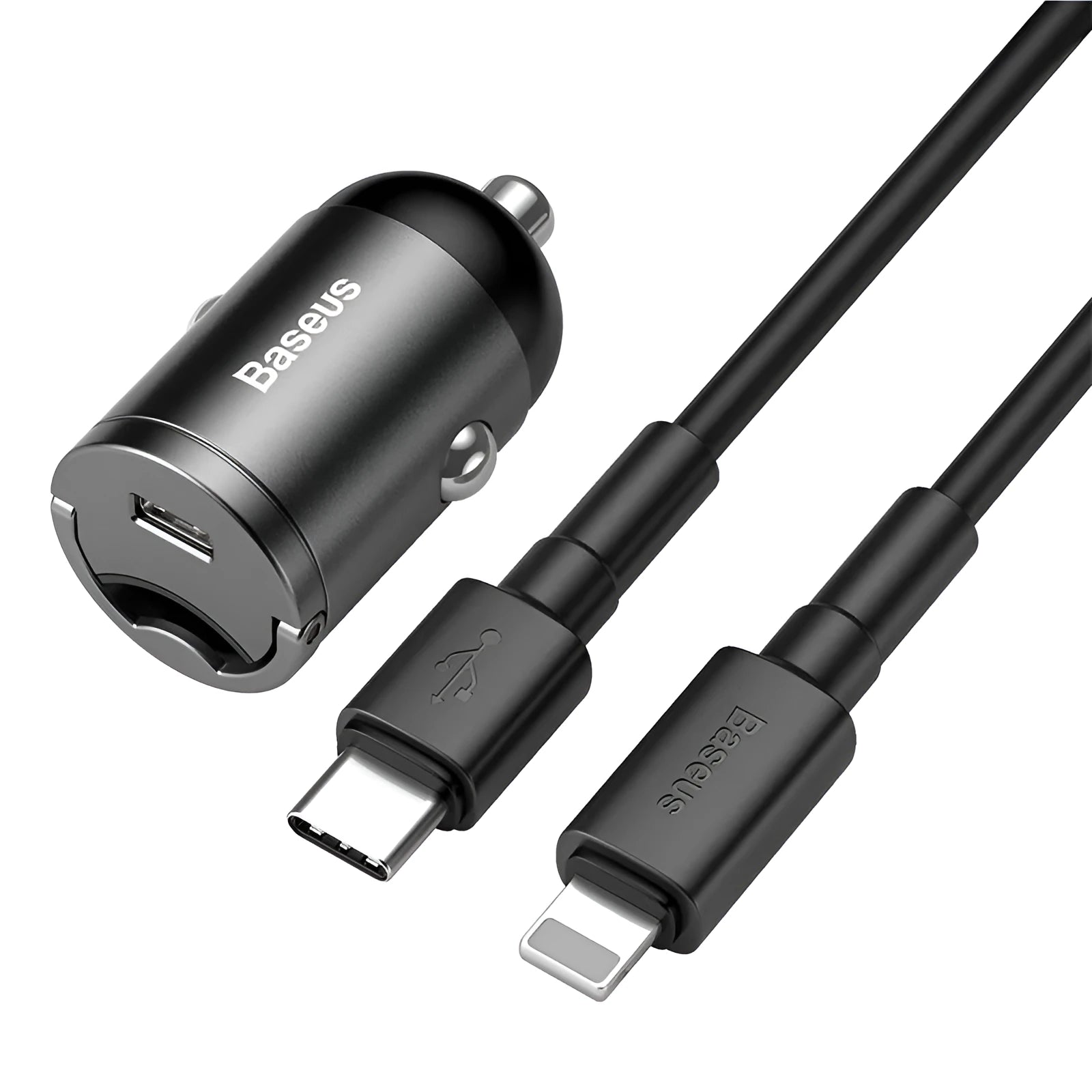 Baseus electro-optical grey single-port 30W USB car charger with 1 metre attached cable.
