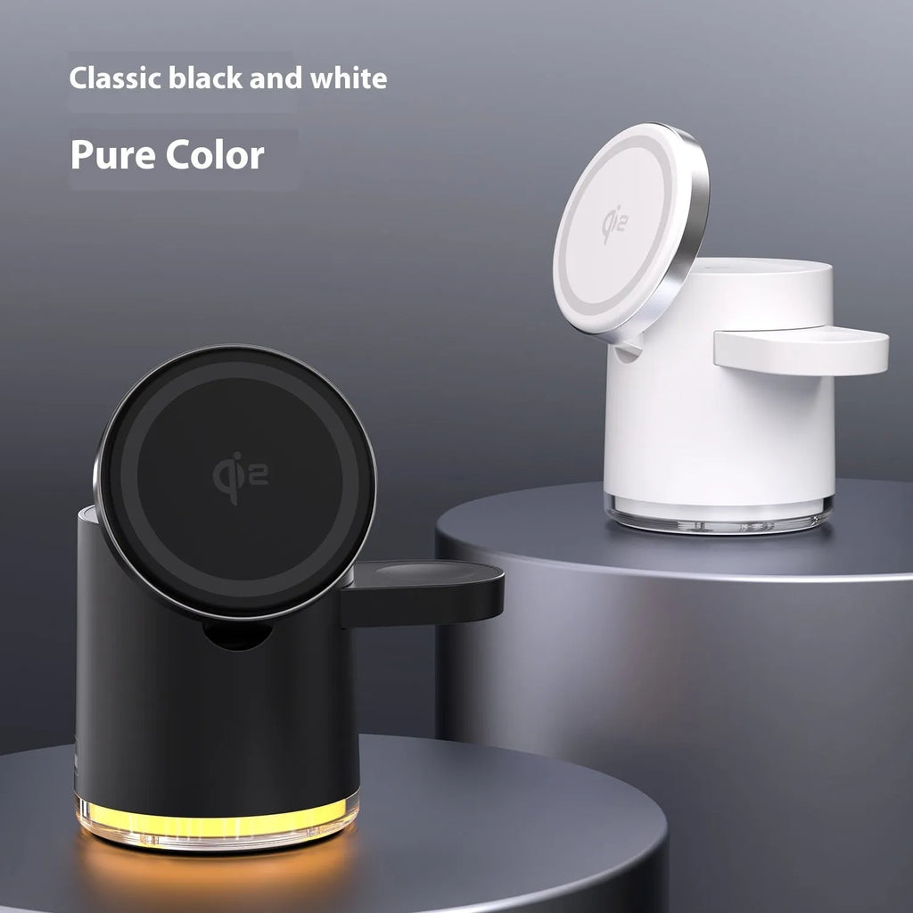 C16 portable folding wireless charger charging a smartphone, a smartwatch, and wireless earbuds simultaneously.