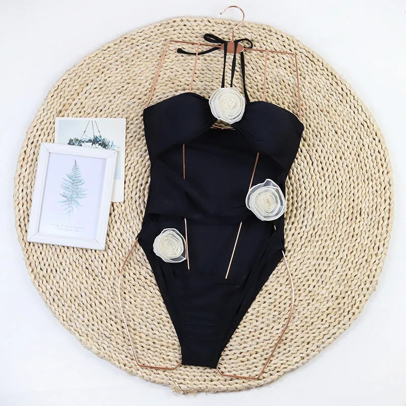 Women's black and blue stripes 3D flower bikini style one-piece nylon swimsuit