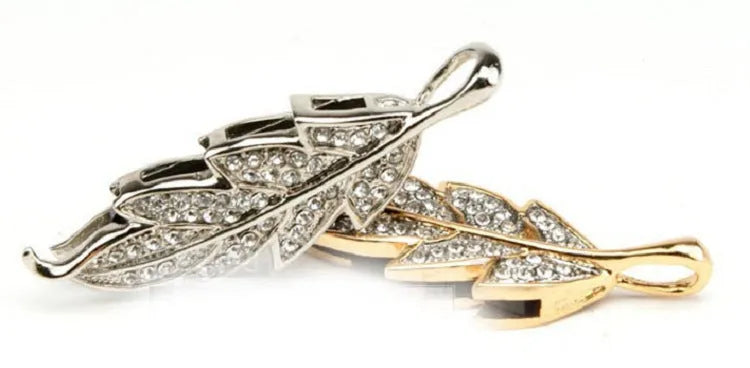 Silver metal maple leaf shaped USB flash drive with decorative crystal jewellery design
