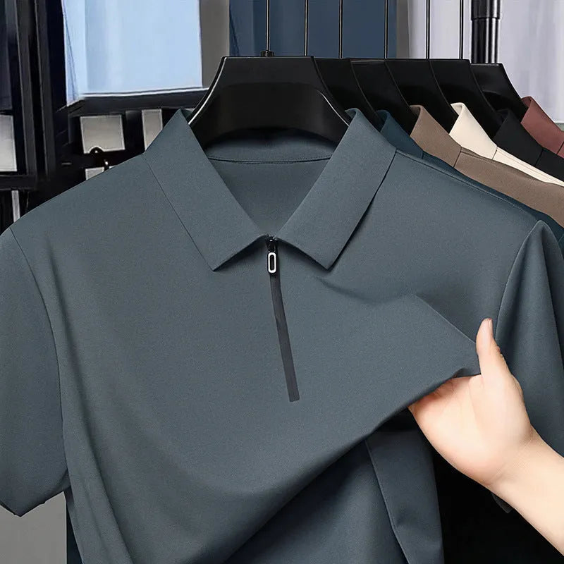 Men's half-zip seamless polo shirt in solid colour showing short sleeves and zip front, lightweight summer fabric