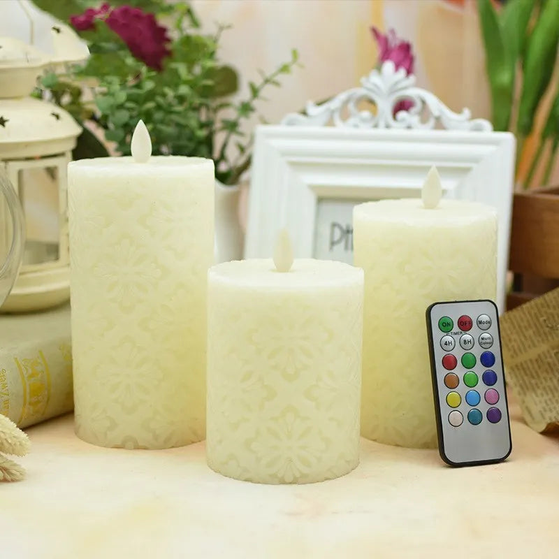 LED hollow pattern paraffin electronic candle cylindrical shape 8x10cm battery operated remote control