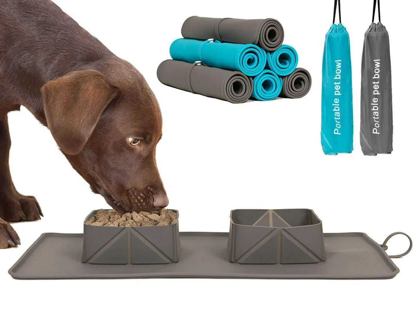 Silicone folding pet bowl in blue with non-slip base, 390x235mm, collapsible travel dog bowl