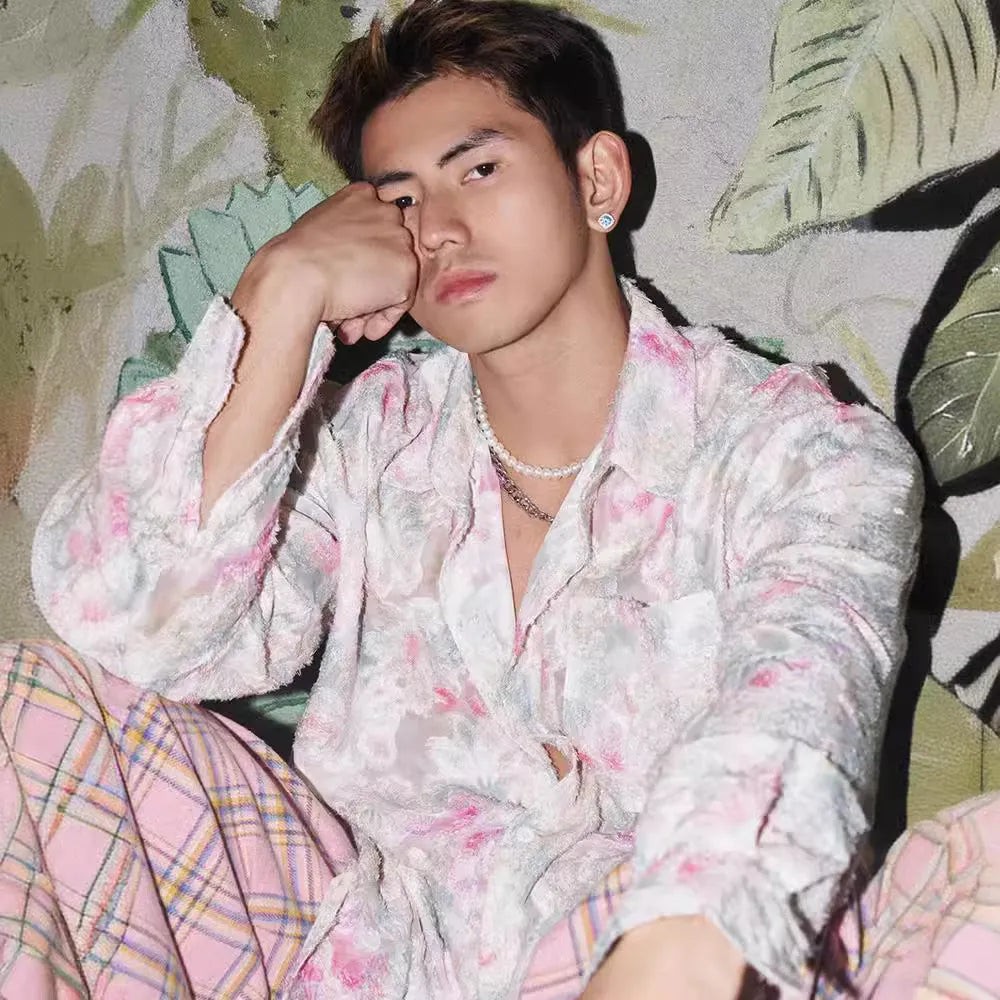 Pink and blue floral embossed long sleeve shirt with loose fit design for summer wear