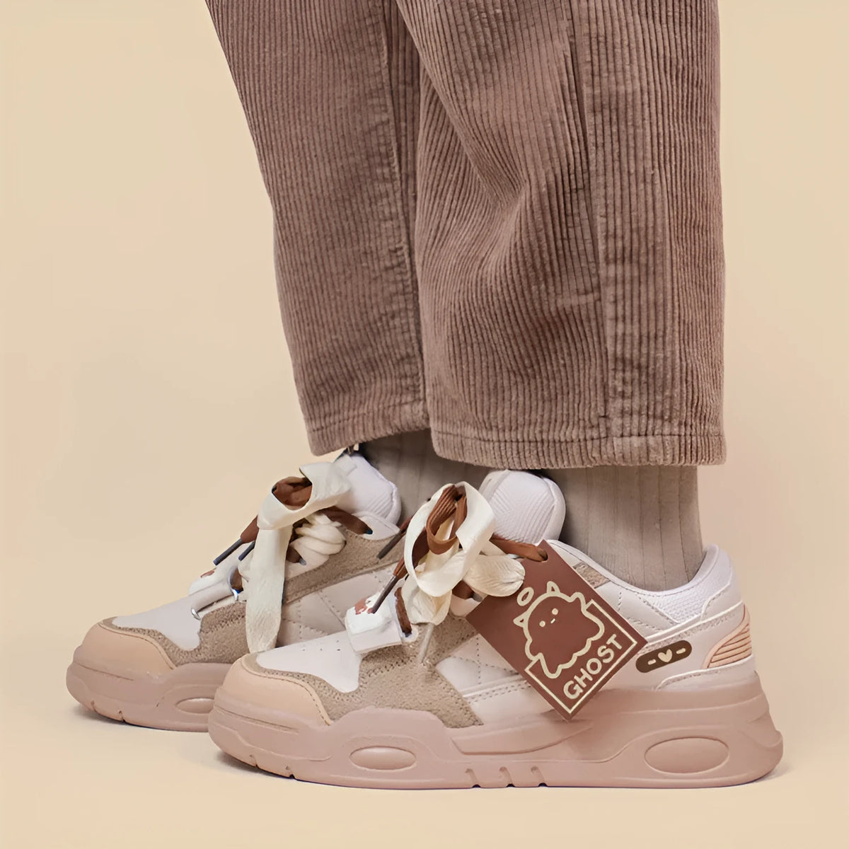 White women's lace-up board shoes with flat heel, microfibre upper, cloth lining and thick composite sole
