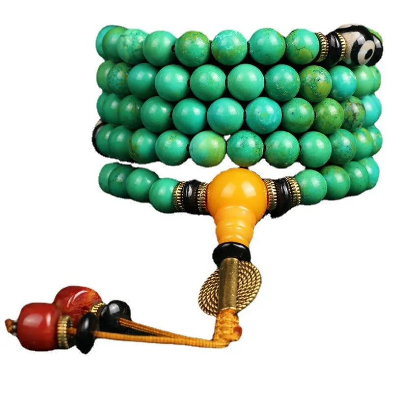 Natural turquoise beaded bracelet with 108 polished 8mm round stones in national style