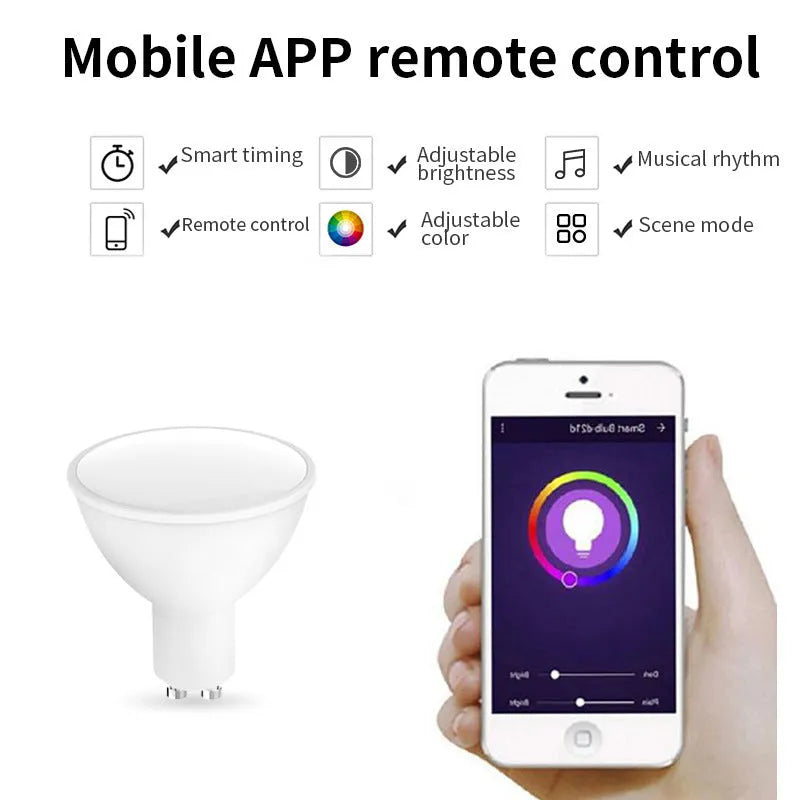 GU10 smart spotlight bulb with Wi-Fi and voice control, showing RGBCCT lighting capabilities