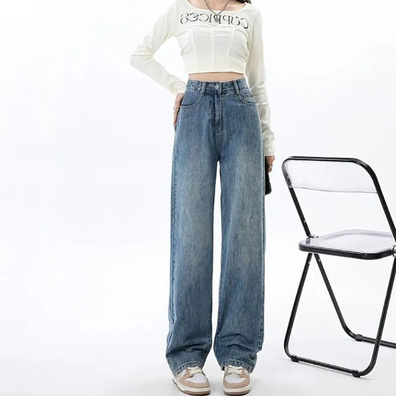 Women's retro blue wide leg jeans with high waist and straight cut design
