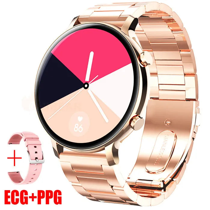 Bluetooth call smartwatch with stainless steel strap showing heart rate monitoring display