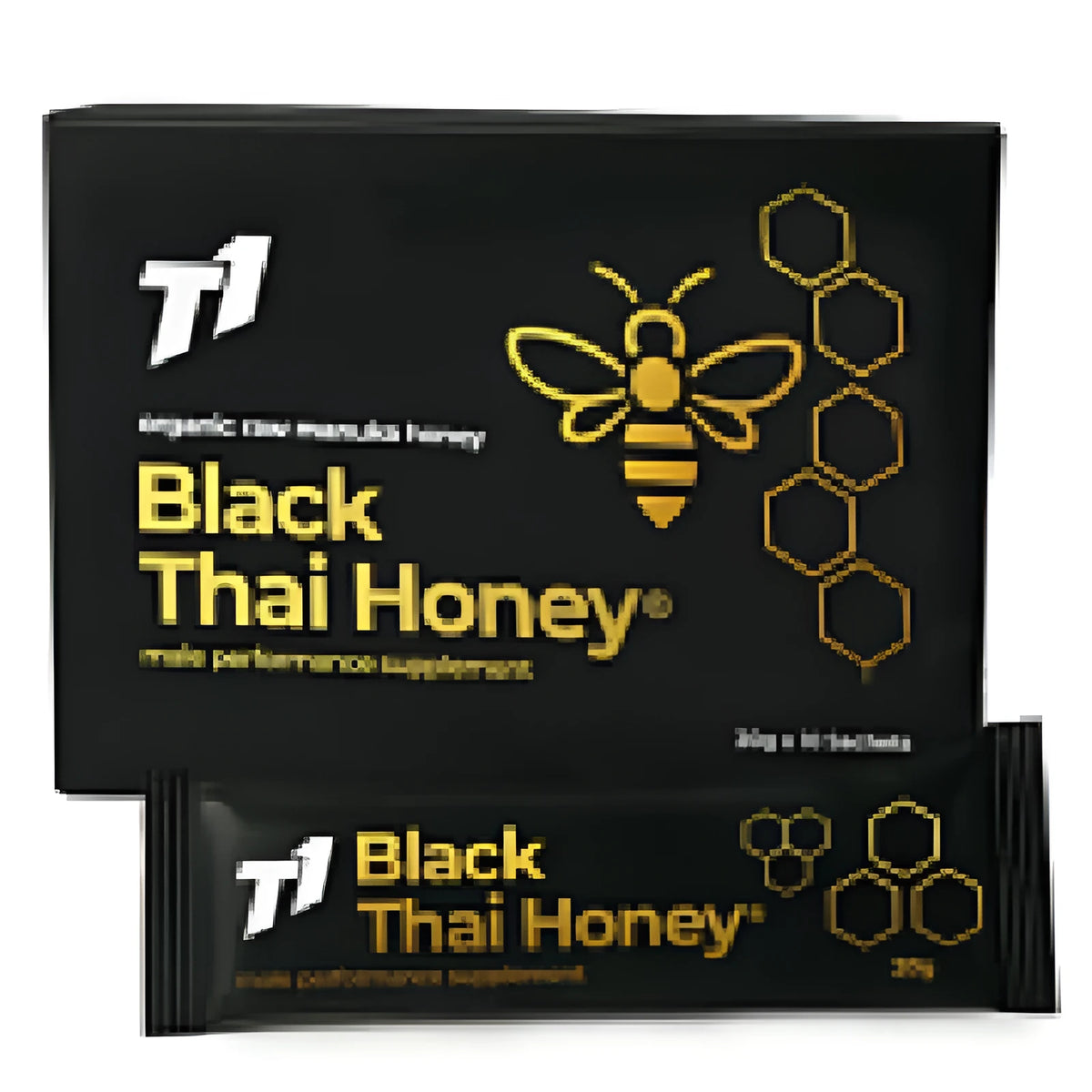 Single jar of dark black T1 grade pure Thai honey with label.