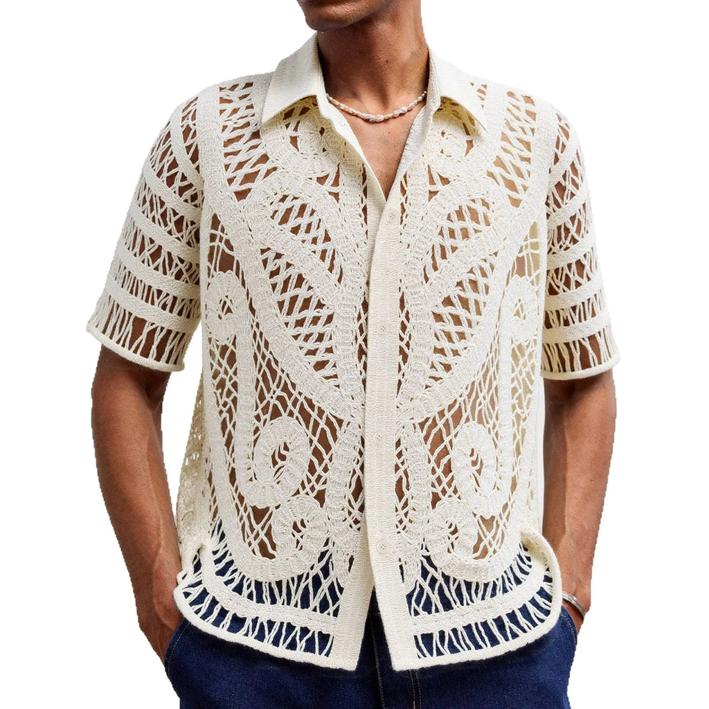 Men's hollow crochet short sleeve cardigan polo shirt in apricot acrylic knit for casual summer wear.