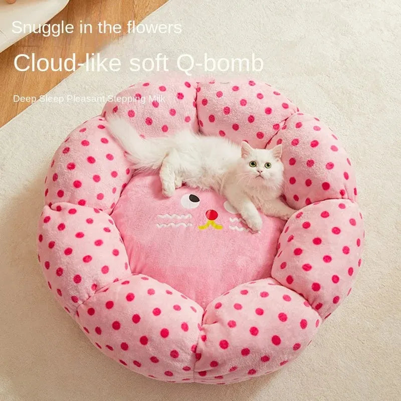Pink dot pattern fabric cat bed shown in 45cm and 65cm diameter sizes