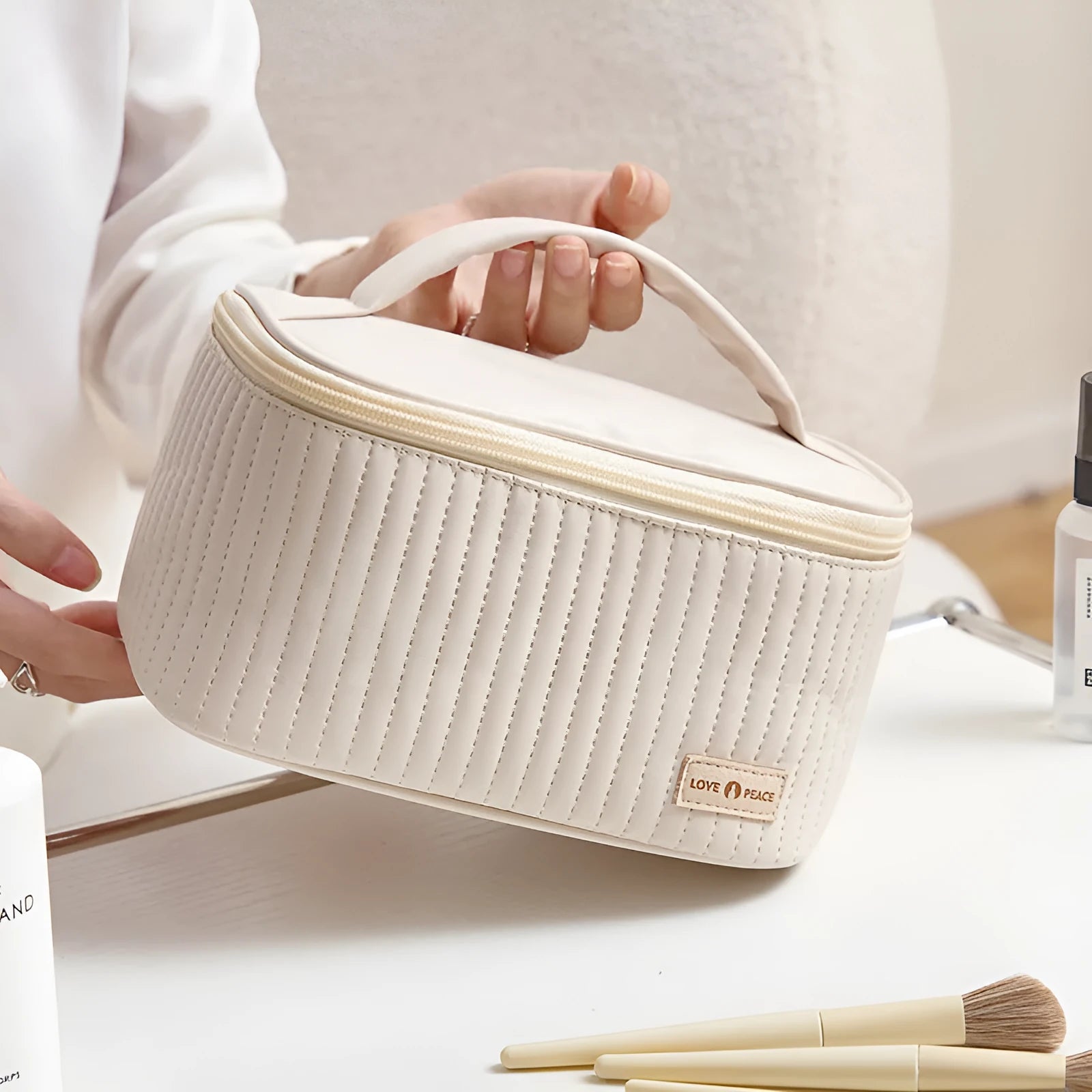 Open-top soft PU leather makeup bag in a choice of pink, coffee, beige, light blue, light green, or light purple.