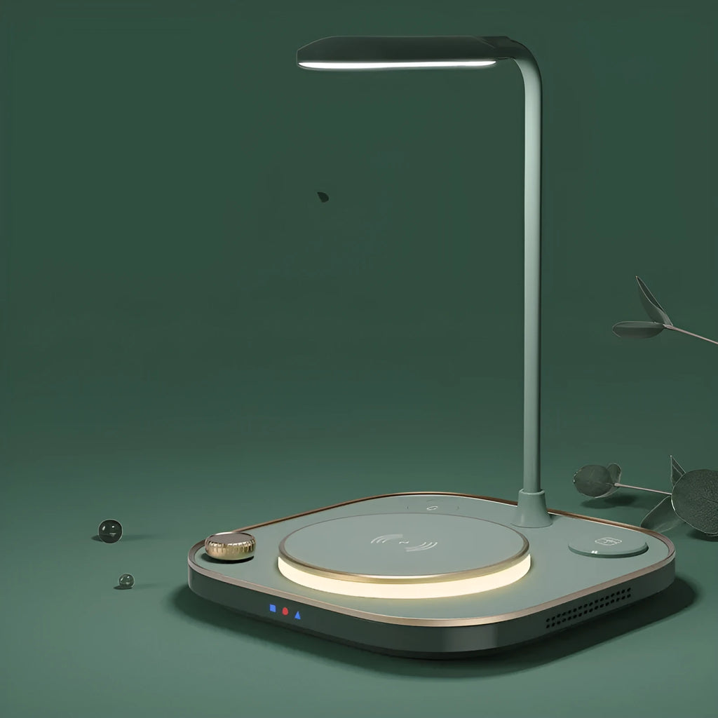 Black wireless charging desk lamp with 15W magnetic pad, Type-C cable, and USB outlet on a wooden desk.