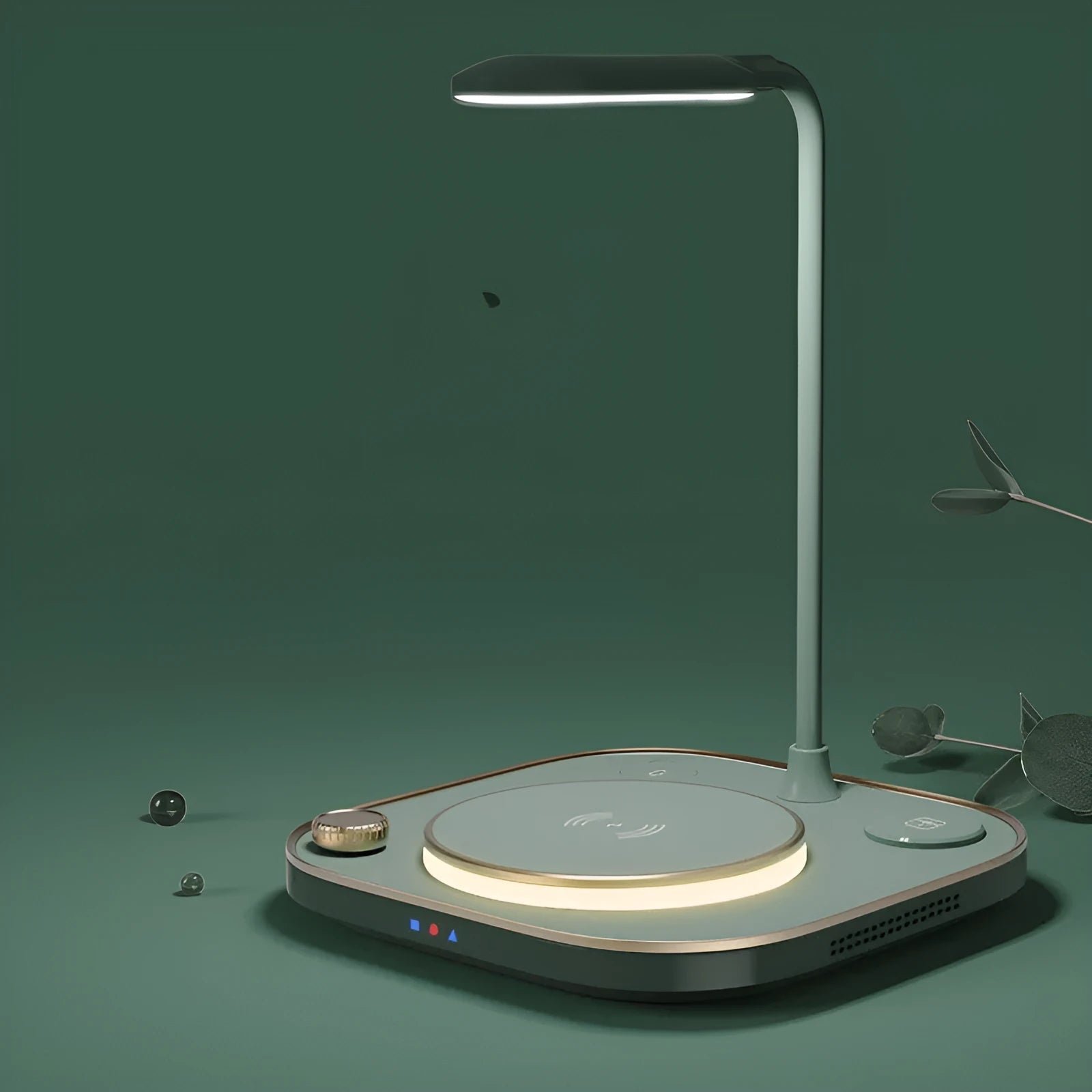 Black wireless charging desk lamp with 15W magnetic pad, Type-C cable, and USB outlet on a wooden desk.