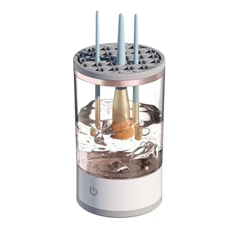Electric makeup brush cleaner in grey and white, 17x9x9 cm, with USB charger and brush