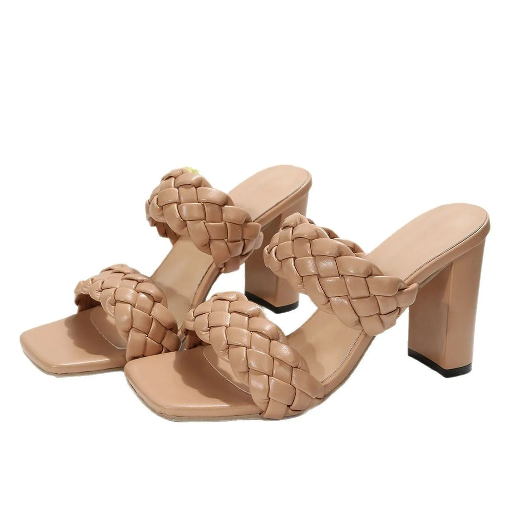 Square toe flip-flops with chunky heel featuring woven twisted pattern on white PU upper