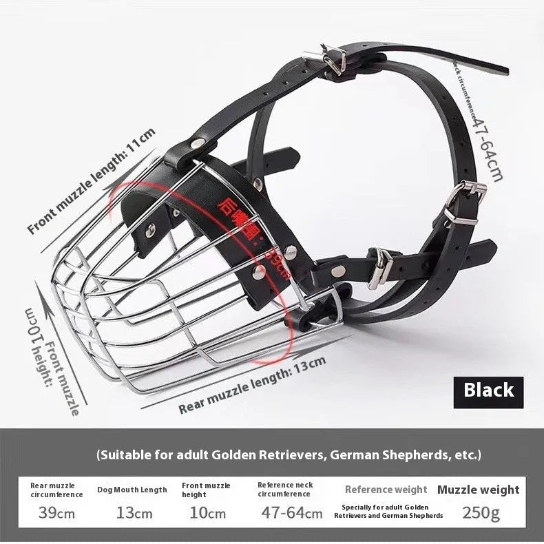 Black metal dog muzzle designed for Golden Retriever and German Shepherd breeds with adjustable straps.