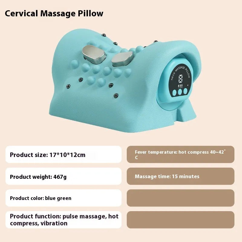 Blue-green portable EMS massage pillow for neck and shoulders with hot compress.