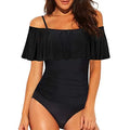 Black one-piece swimsuit with side cut-out detail and ruffled tube top straps.
