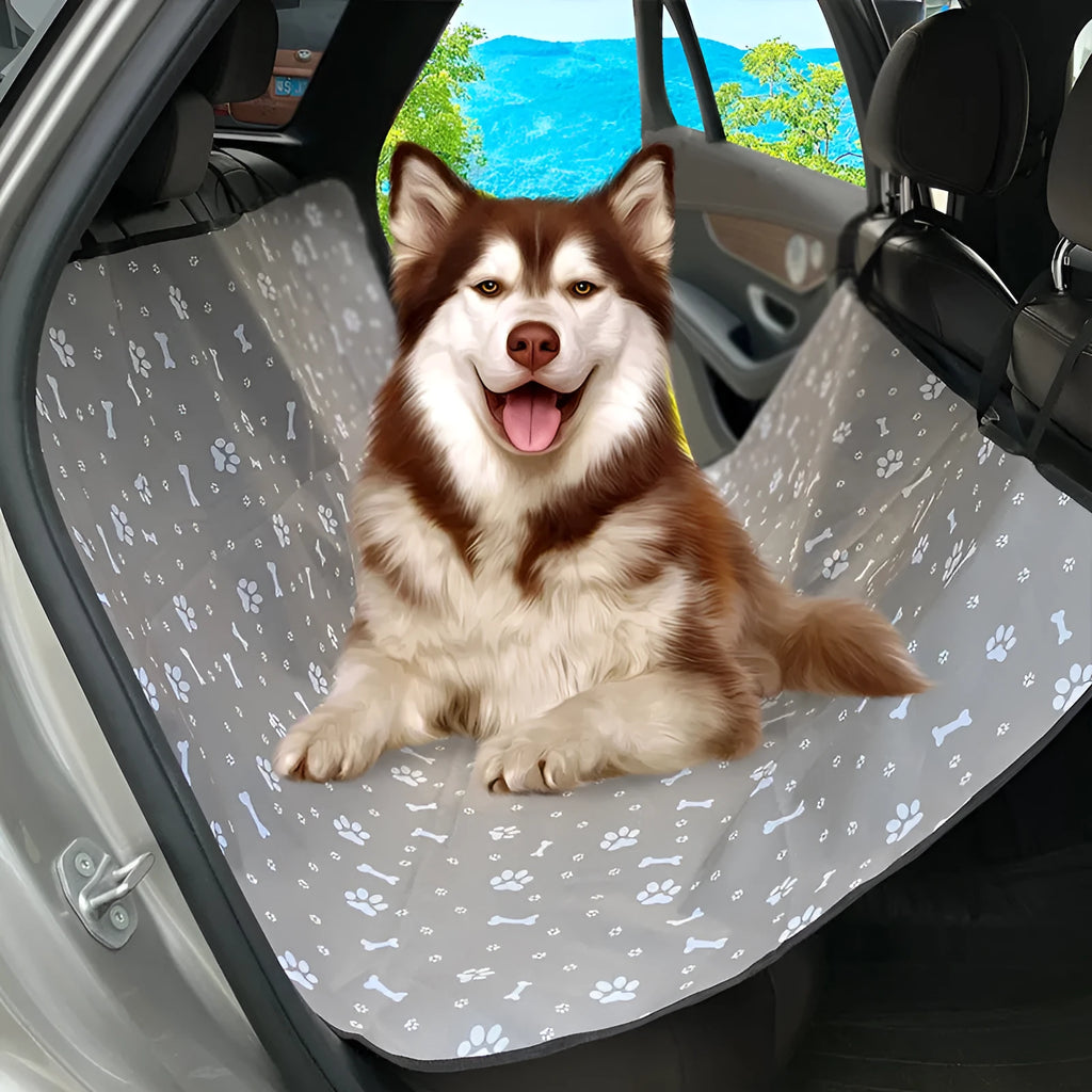 Water resistant cloth car pet mat for the rear seat, shown in a grey dog footprint print design.