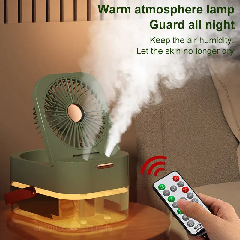 White humidifier spray fan with 2.5L water tank, dual spray ports, and night light on desktop