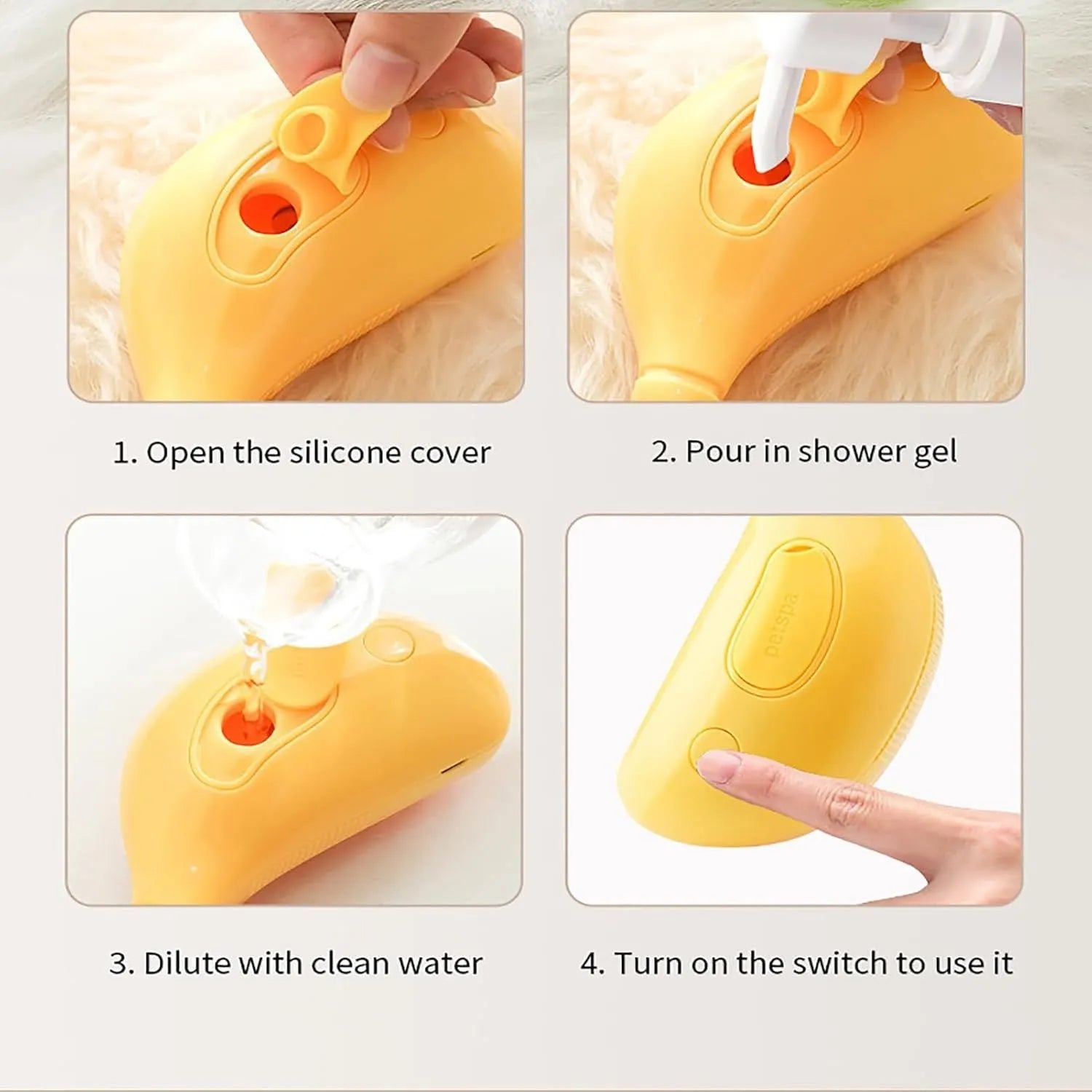 Green rechargeable cat steam brush with silicone teeth showing three grooming functions